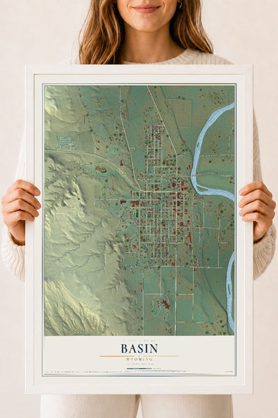 Map of Basin, Wyoming, 18 x 24 inch print in a white wood frame