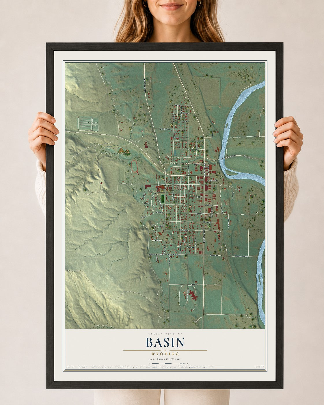 Map of Basin, Wyoming, 24 x 36 inch print in a black wood frame