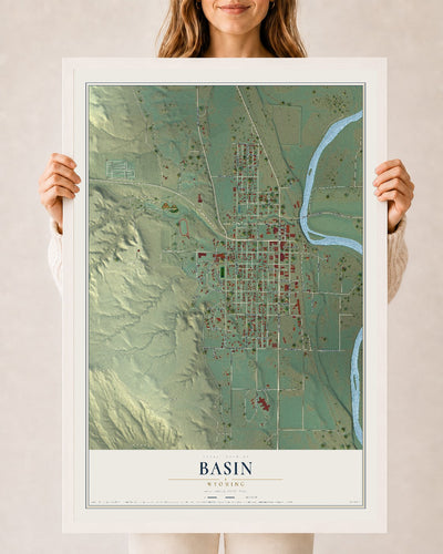 Map of Basin, Wyoming, 24 x 36 inch print in a white wood frame