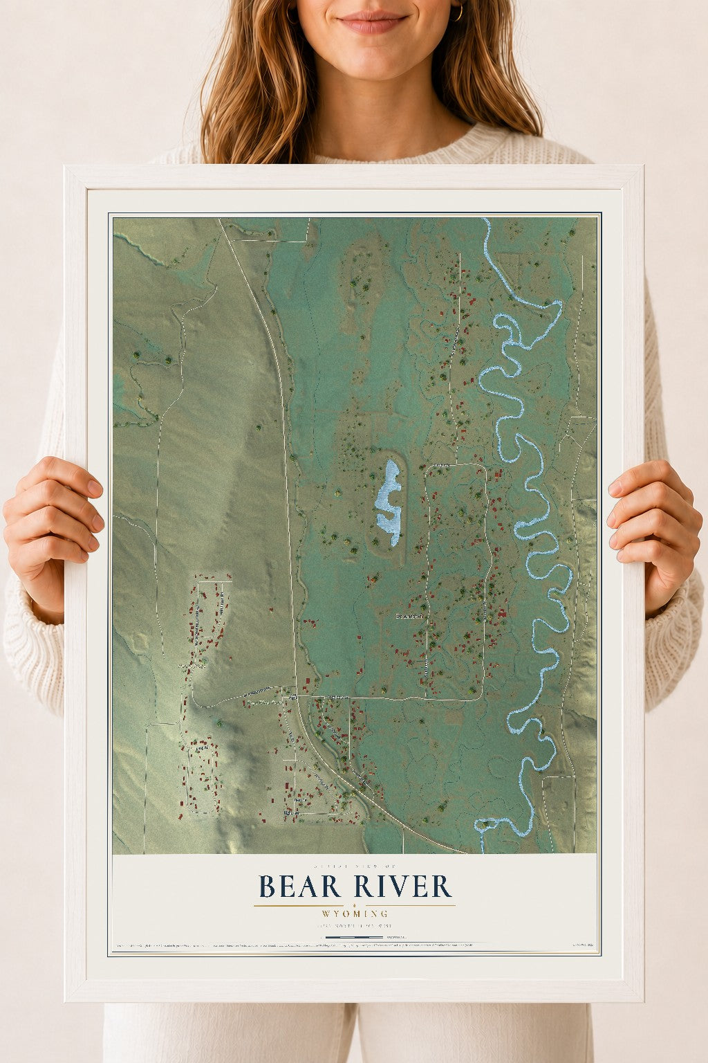 Map of Bear River, Wyoming, 18 x 24 inch print in a white wood frame
