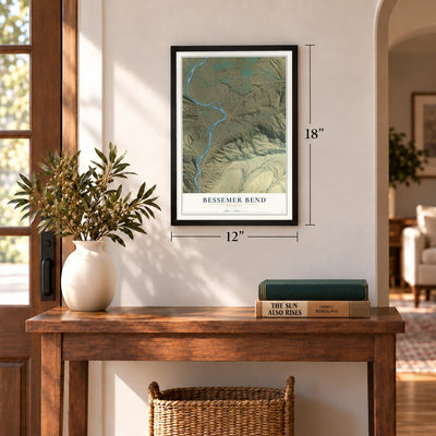 Bessemer Bend, Wyoming map, 12 x 18 inch print in a black frame in an entryway