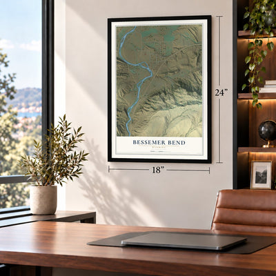 Bessemer Bend, Wyoming map, 18 x 24 inch print in a black frame in a home office