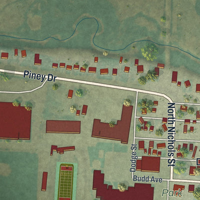 Close-up of the map of Big Piney, Wyoming print showing street and building detail