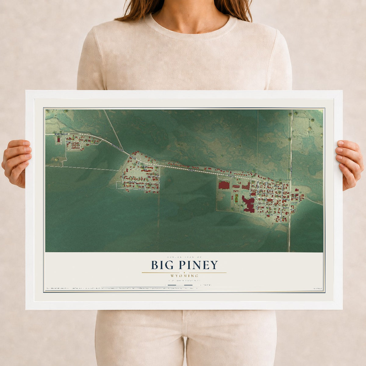 Map of Big Piney, Wyoming, 12 x 18 inch print in a white wood frame