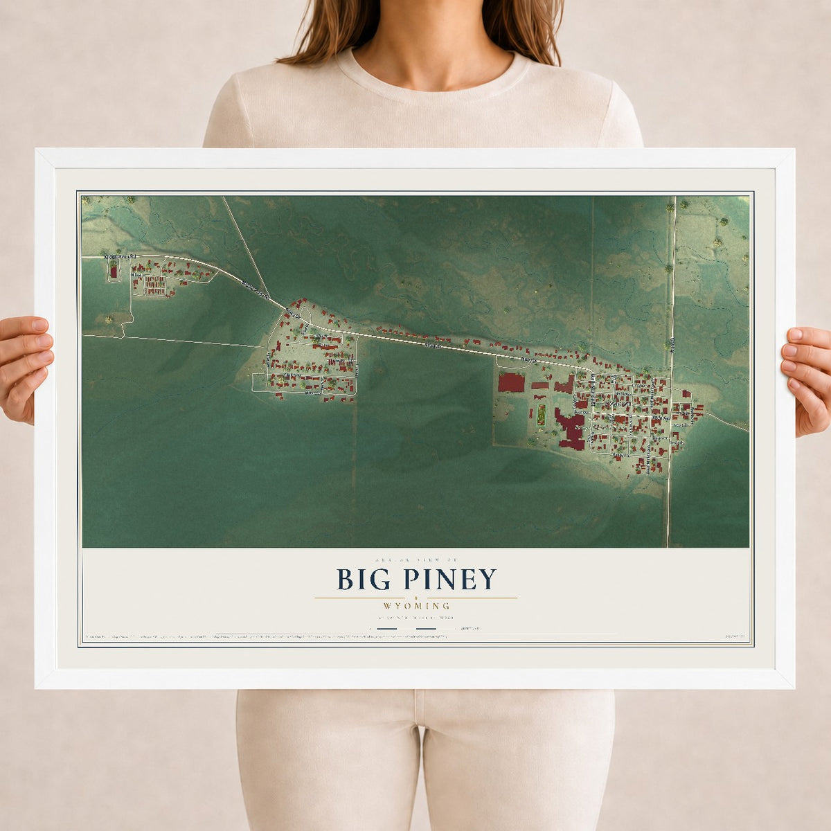 Map of Big Piney, Wyoming, 18 x 24 inch print in a white wood frame