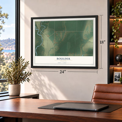 Boulder, Wyoming map, 18 x 24 inch print in a black frame in a home office