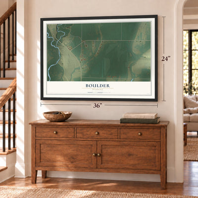 Boulder, Wyoming map, 24 x 36 inch print in a black frame above a dresser by a staircase