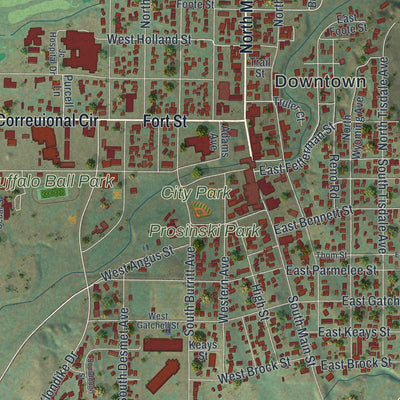 Close-up of the map of Buffalo, Wyoming print showing street and building detail
