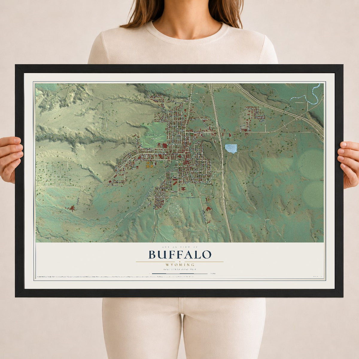 Map of Buffalo, Wyoming, 18 x 24 inch print in a black wood frame