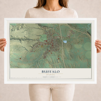 Map of Buffalo, Wyoming, 18 x 24 inch print in a white wood frame