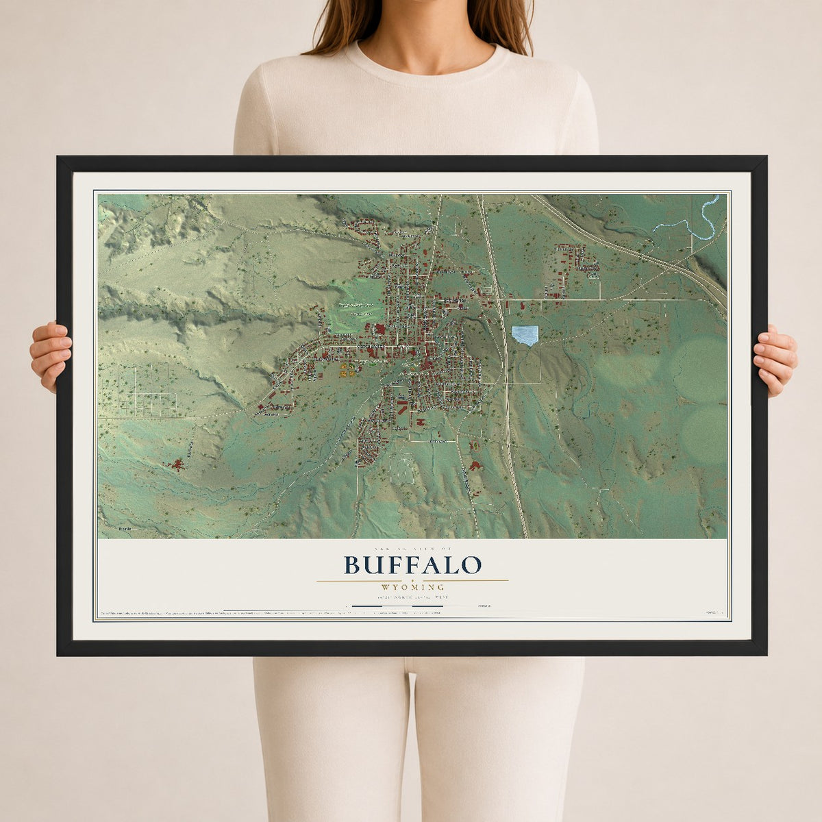 Map of Buffalo, Wyoming, 24 x 36 inch print in a black wood frame