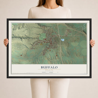 Map of Buffalo, Wyoming, 24 x 36 inch print in a black wood frame
