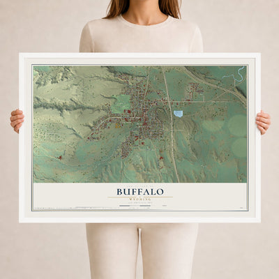Map of Buffalo, Wyoming, 24 x 36 inch print in a white wood frame