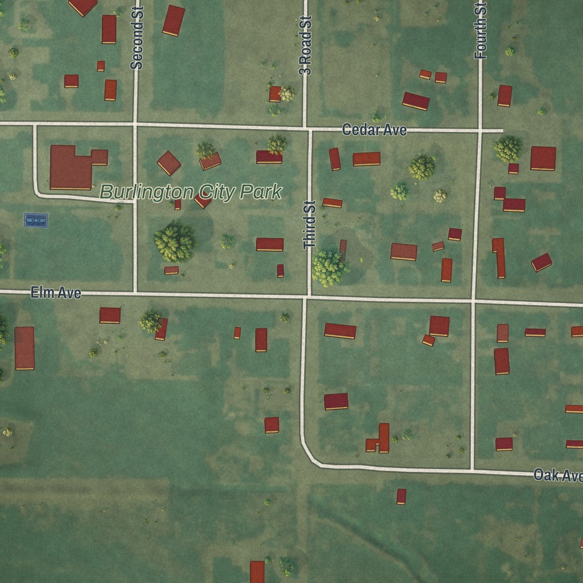 Second close-up of the map of Burlington, Wyoming print showing more streets and buildings
