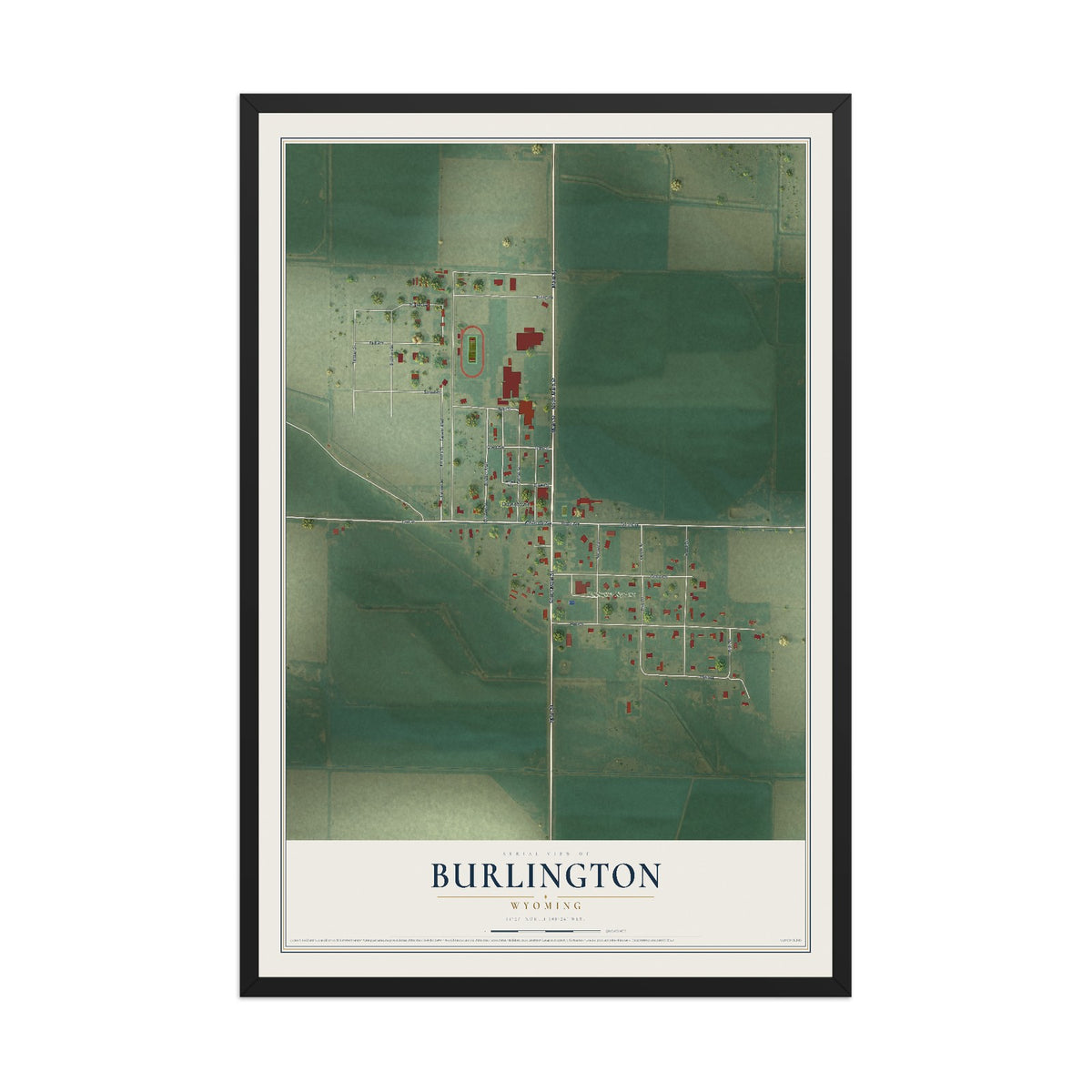 Map of Burlington, Wyoming, 12 x 18 inch print in a black wood frame