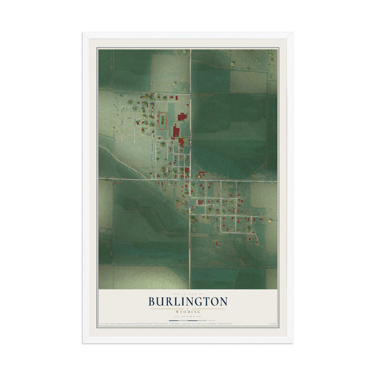 Map of Burlington, Wyoming, 12 x 18 inch print in a white wood frame