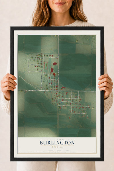 Map of Burlington, Wyoming, 18 x 24 inch print in a black wood frame
