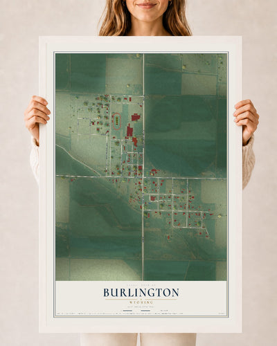 Map of Burlington, Wyoming, 24 x 36 inch print in a white wood frame
