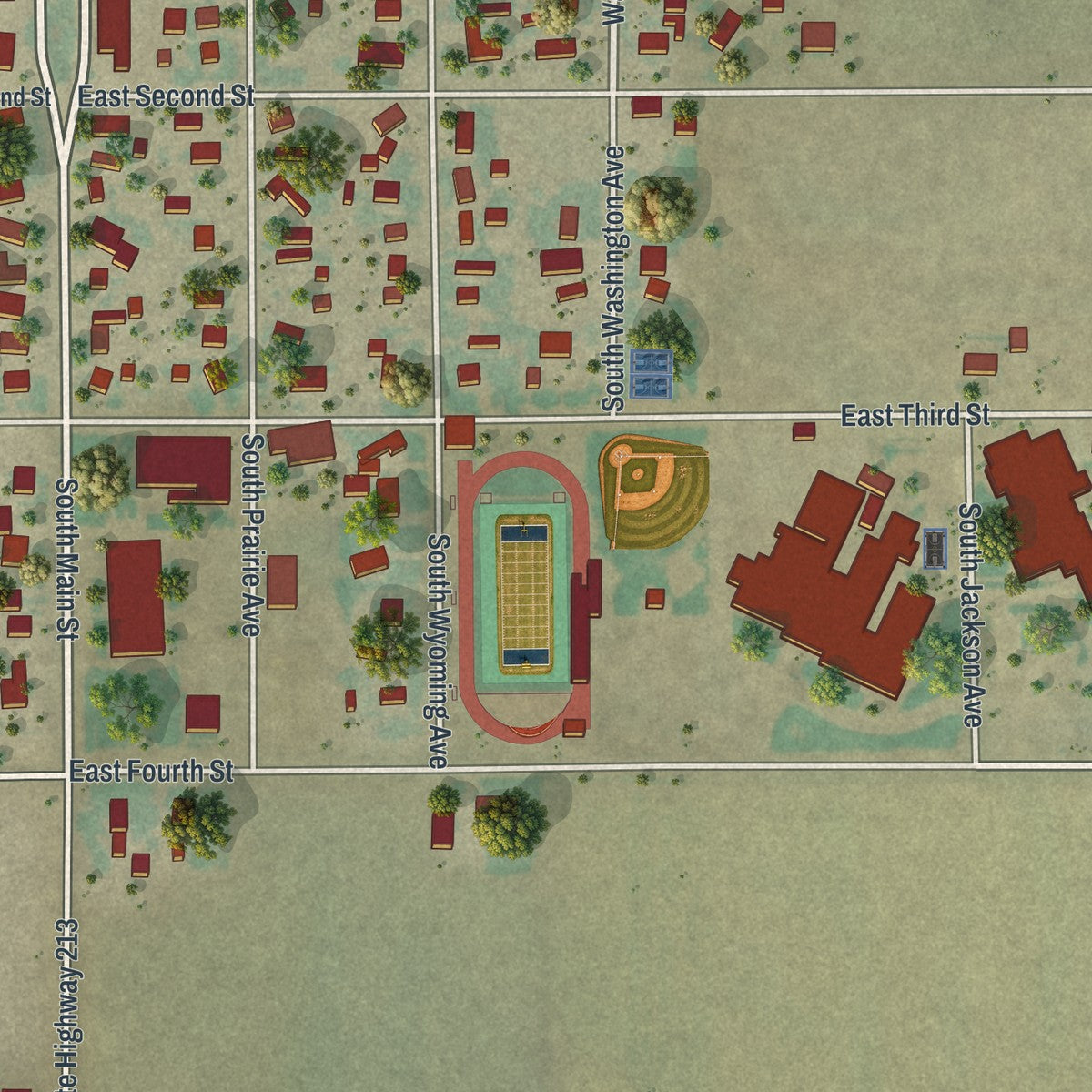 Close-up of the map of Burns, Wyoming print showing street and building detail