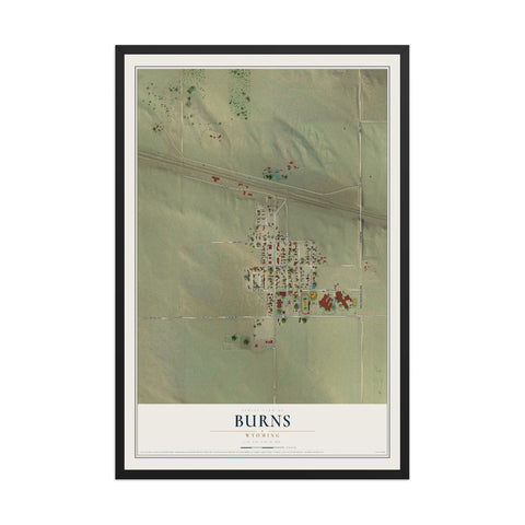 Map of Burns, Wyoming, 12 x 18 inch print in a black wood frame
