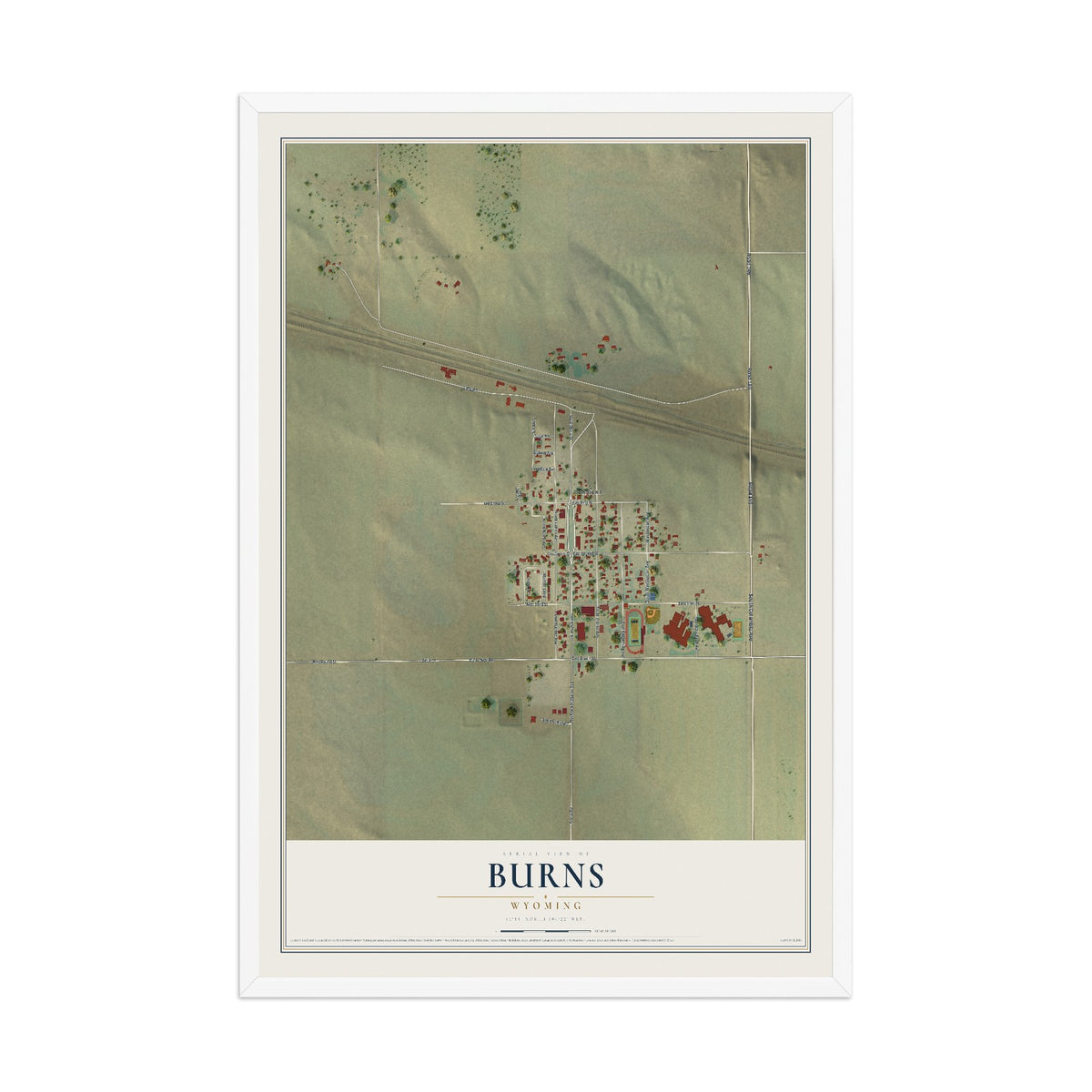 Map of Burns, Wyoming, 12 x 18 inch print in a white wood frame