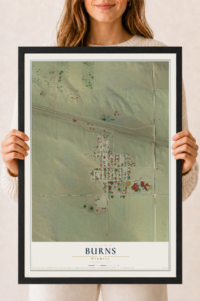 Map of Burns, Wyoming, 18 x 24 inch print in a black wood frame