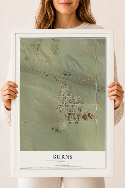 Map of Burns, Wyoming, 18 x 24 inch print in a white wood frame