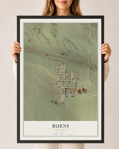 Map of Burns, Wyoming, 24 x 36 inch print in a black wood frame