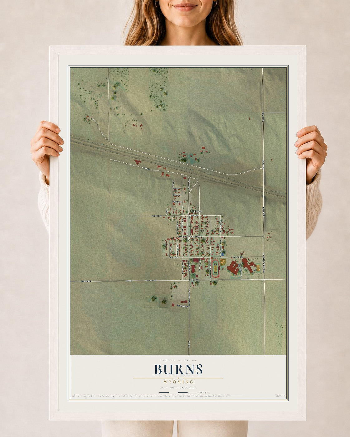 Map of Burns, Wyoming, 24 x 36 inch print in a white wood frame