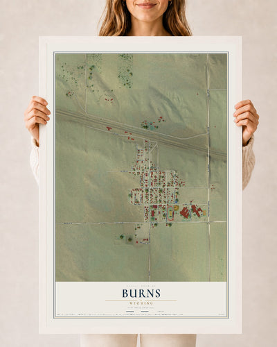 Map of Burns, Wyoming, 24 x 36 inch print in a white wood frame