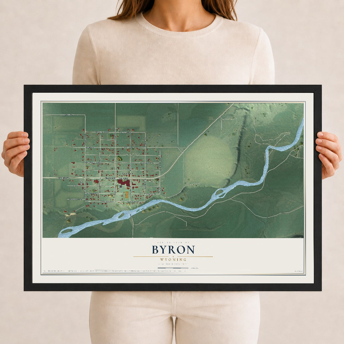 Map of Byron, Wyoming, 12 x 18 inch print in a black wood frame