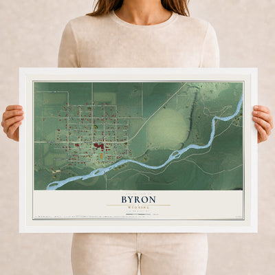 Map of Byron, Wyoming, 12 x 18 inch print in a white wood frame
