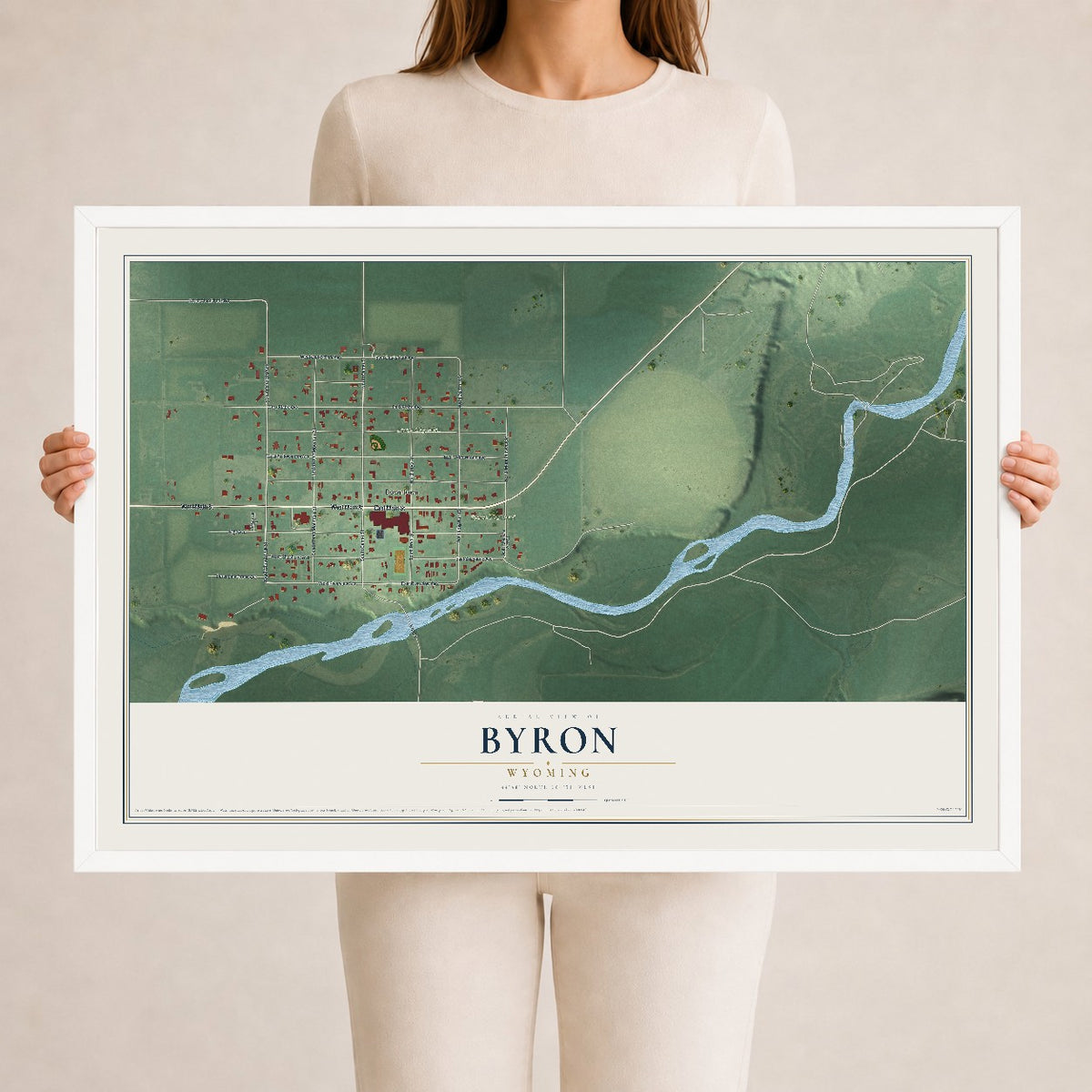 Map of Byron, Wyoming, 24 x 36 inch print in a white wood frame