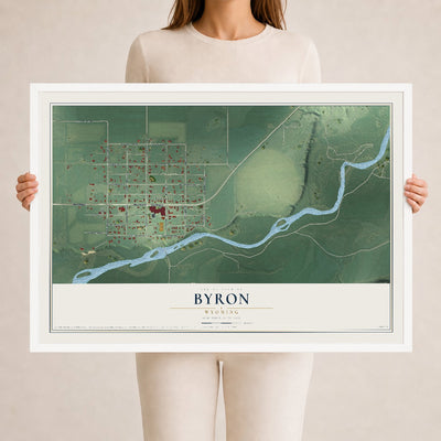 Map of Byron, Wyoming, 24 x 36 inch print in a white wood frame