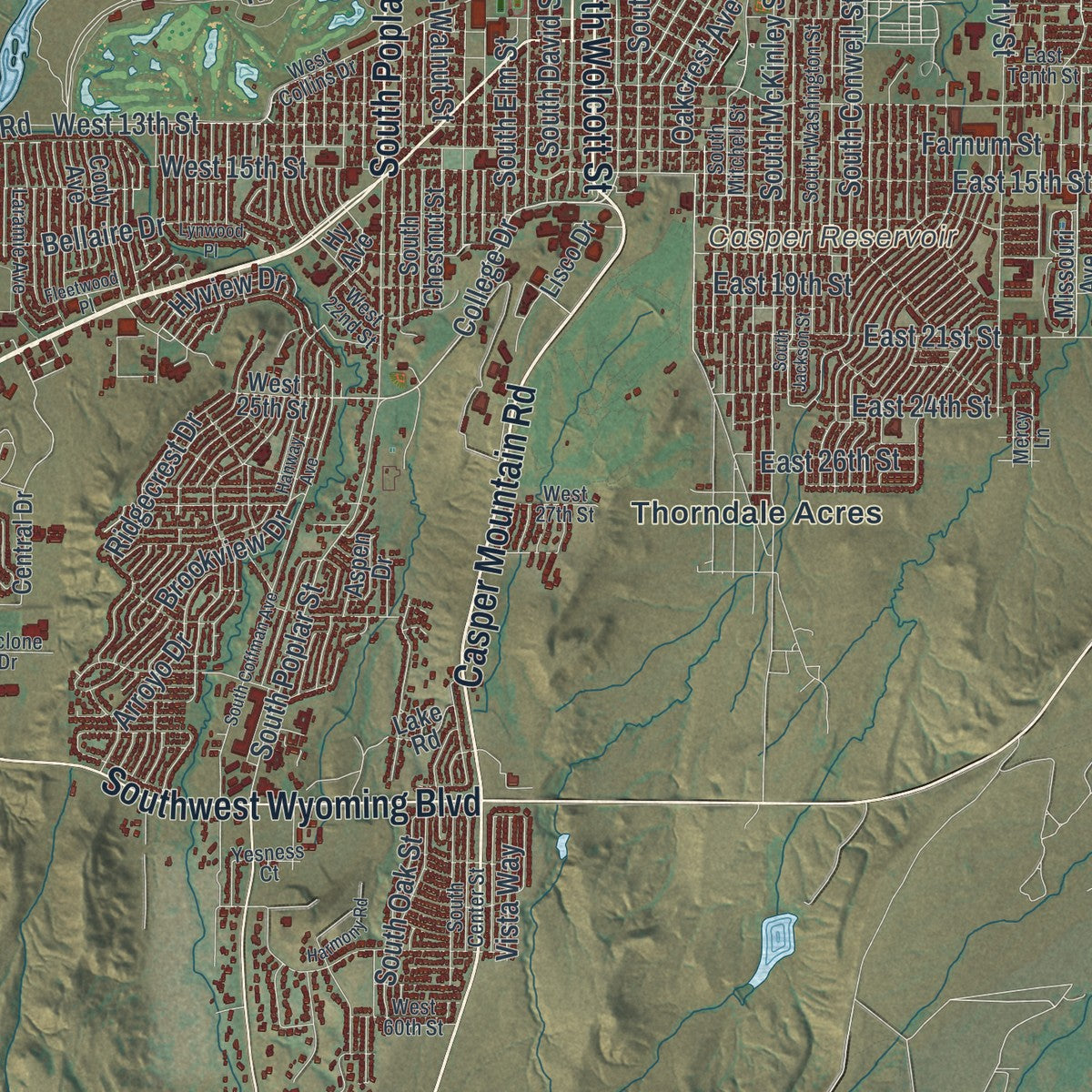 Close-up of the map of Casper, Wyoming print showing street and building detail