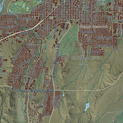 Close-up of the map of Casper, Wyoming print showing street and building detail
