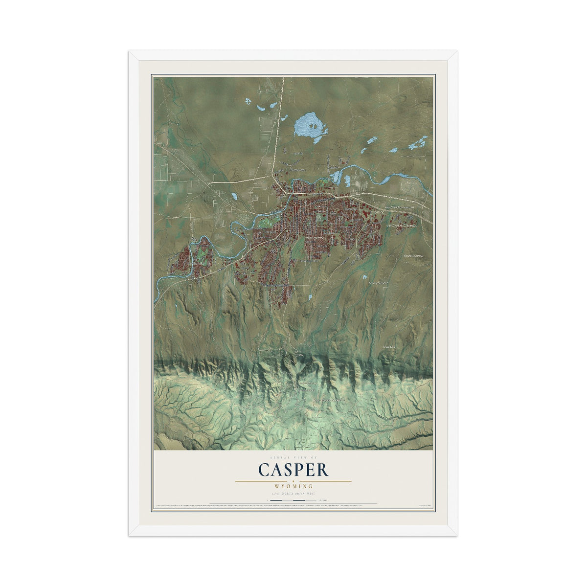 Map of Casper, Wyoming, 12 x 18 inch print in a white wood frame