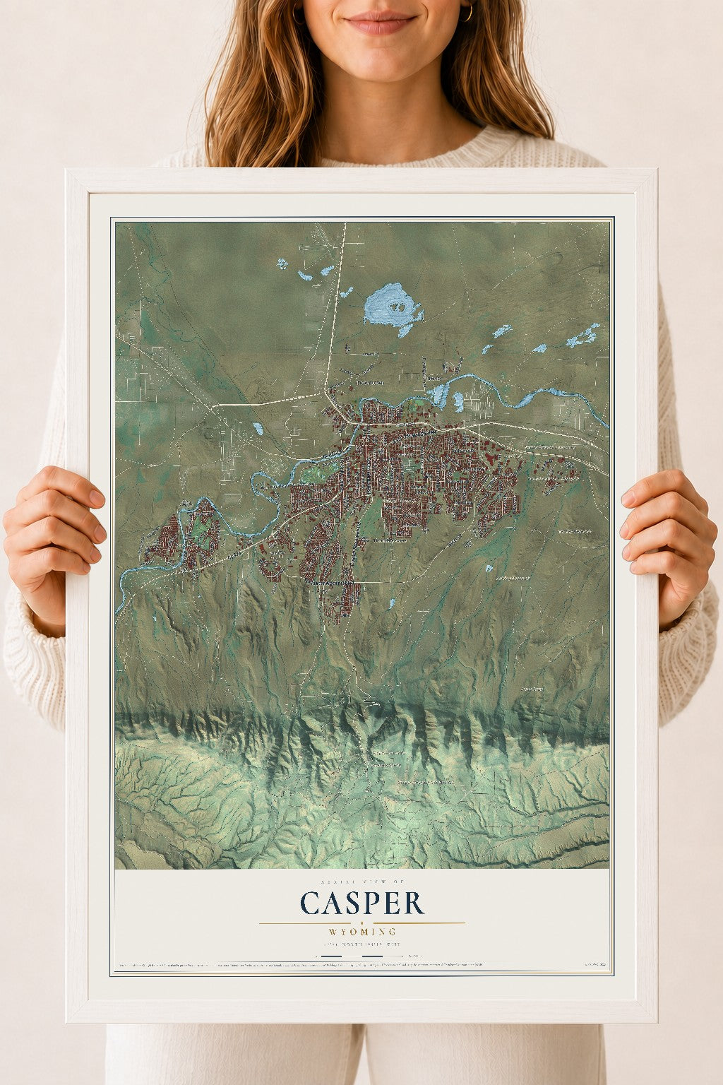 Map of Casper, Wyoming, 18 x 24 inch print in a white wood frame
