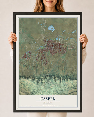 Map of Casper, Wyoming, 24 x 36 inch print in a black wood frame