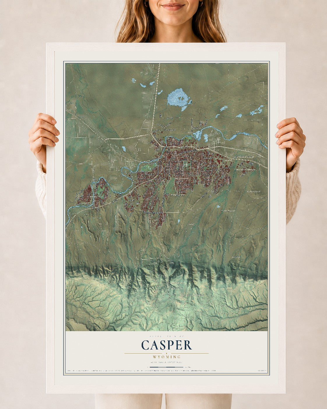 Map of Casper, Wyoming, 24 x 36 inch print in a white wood frame