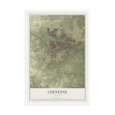 Map of Cheyenne, Wyoming, 12 x 18 inch print in a white wood frame