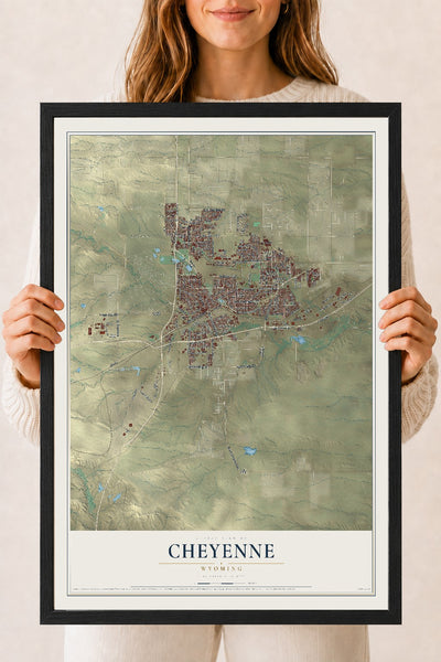 Map of Cheyenne, Wyoming, 18 x 24 inch print in a black wood frame