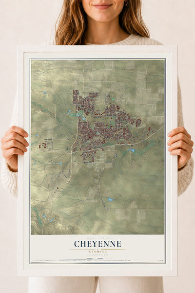 Map of Cheyenne, Wyoming, 18 x 24 inch print in a white wood frame