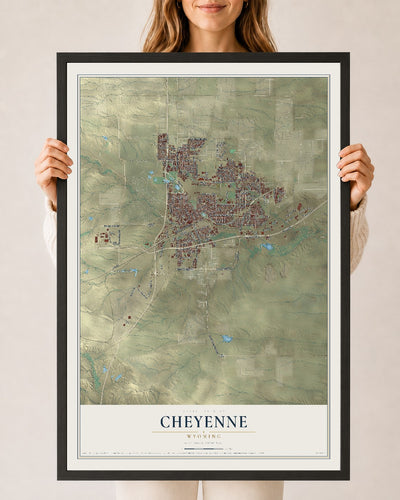 Map of Cheyenne, Wyoming, 24 x 36 inch print in a black wood frame