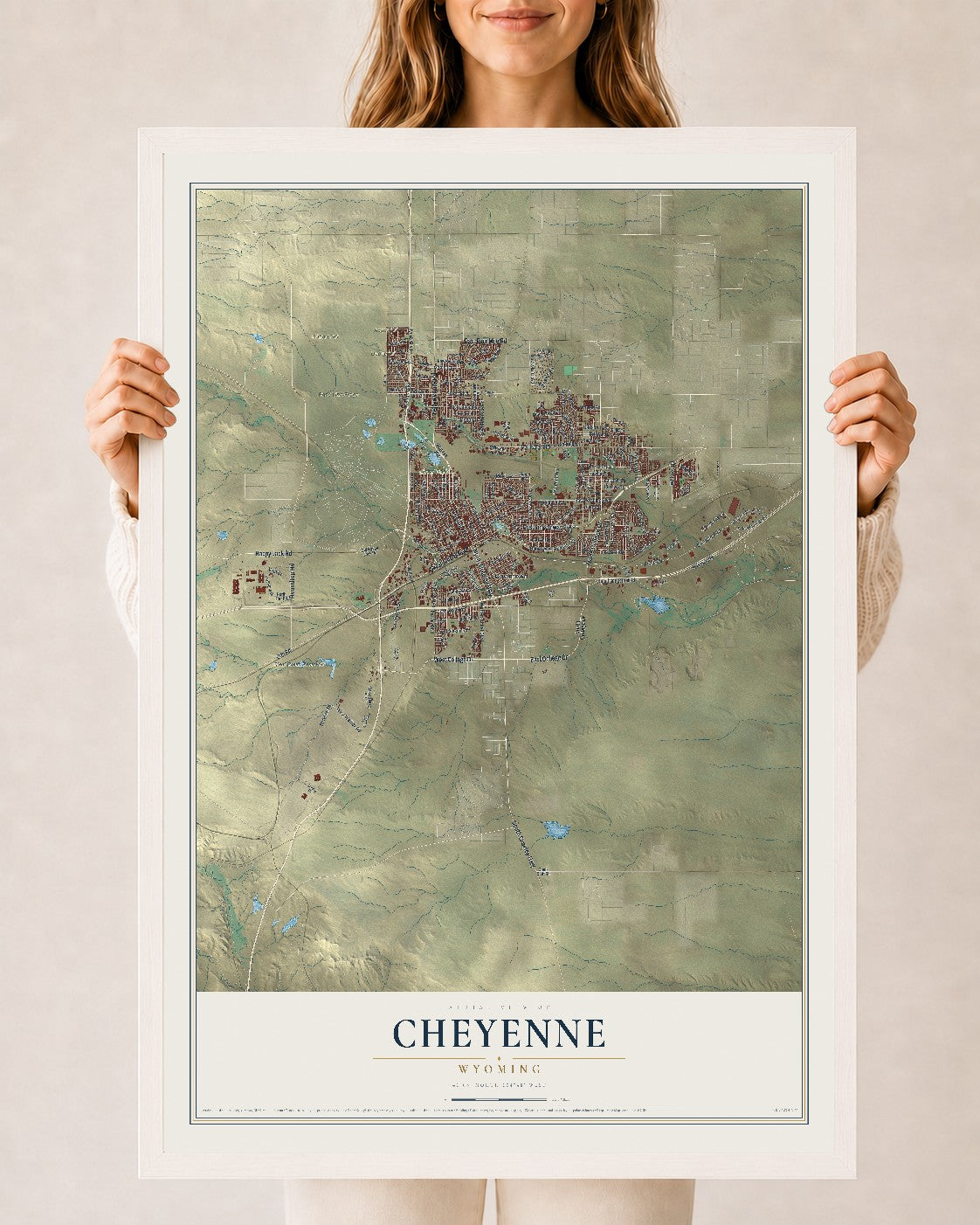 Map of Cheyenne, Wyoming, 24 x 36 inch print in a white wood frame