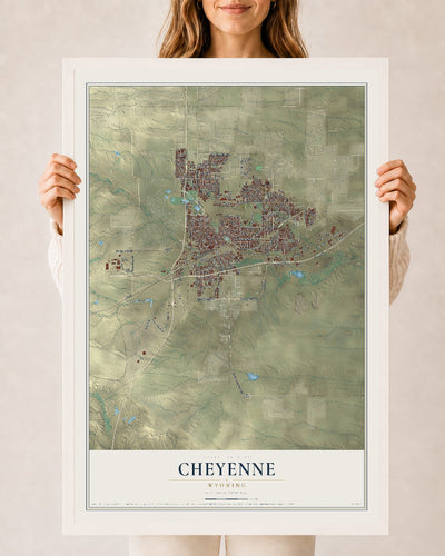 Map of Cheyenne, Wyoming, 24 x 36 inch print in a white wood frame