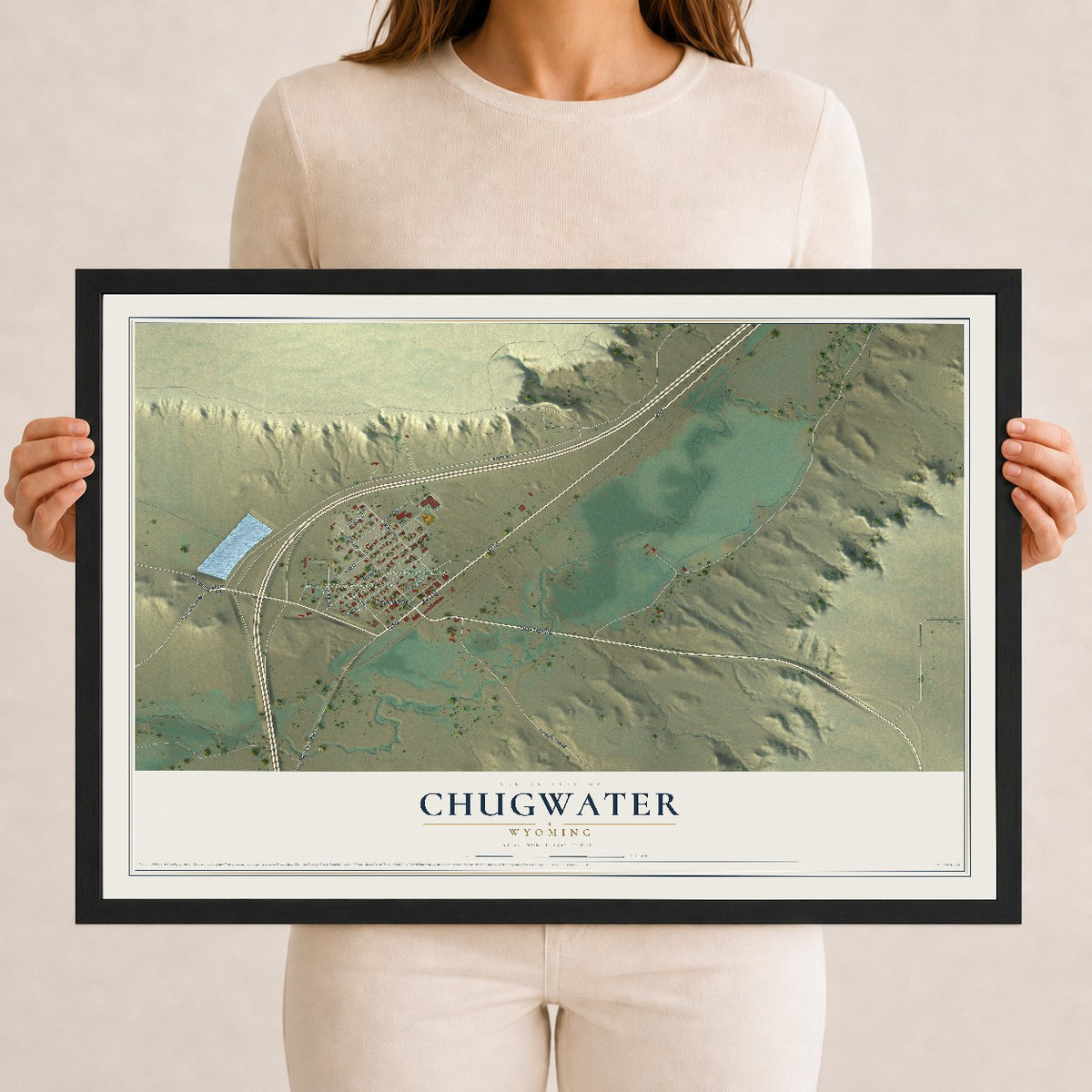 Map of Chugwater, Wyoming, 12 x 18 inch print in a black wood frame