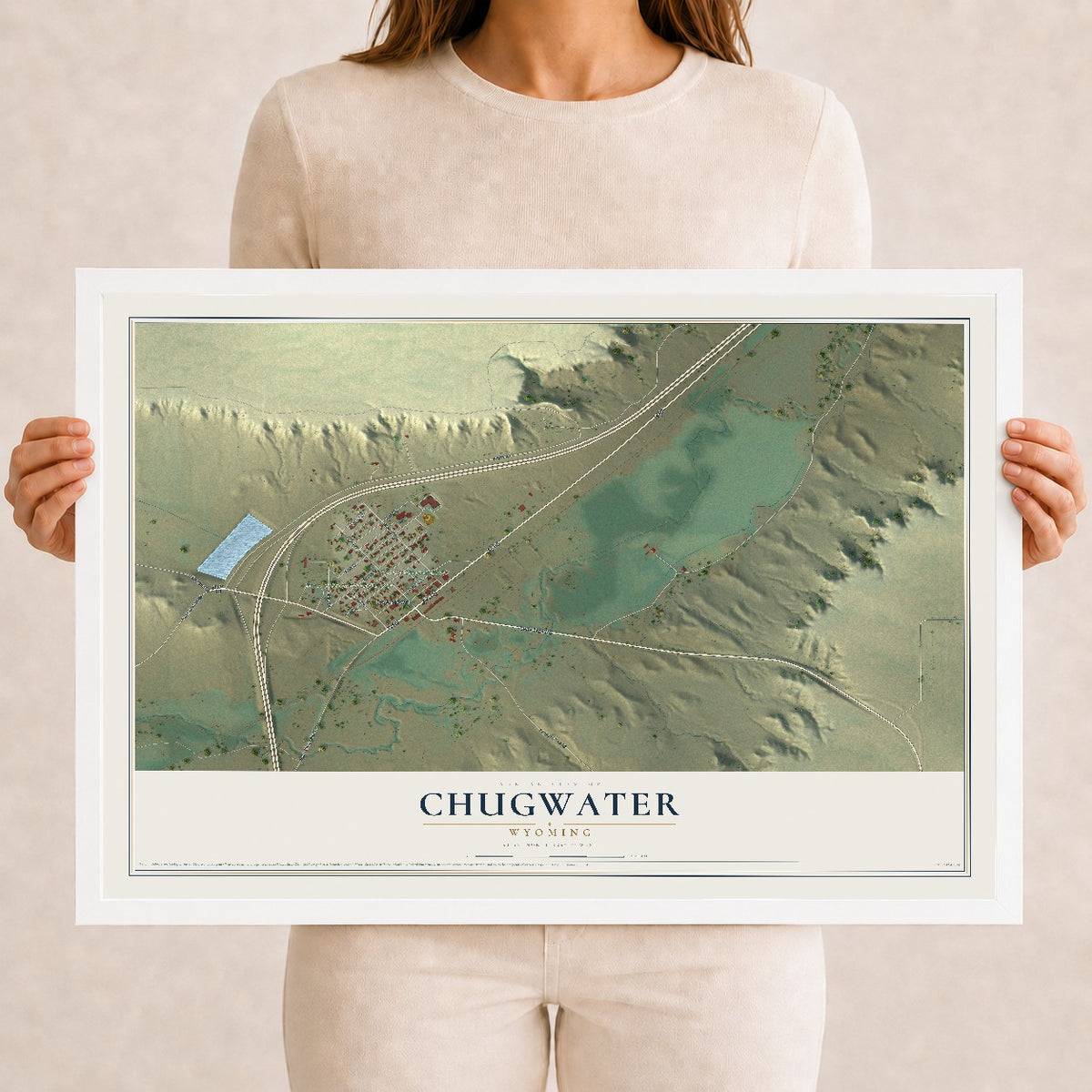 Map of Chugwater, Wyoming, 12 x 18 inch print in a white wood frame