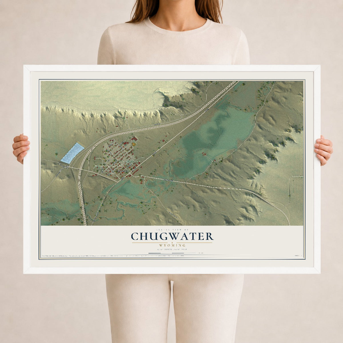 Map of Chugwater, Wyoming, 24 x 36 inch print in a white wood frame