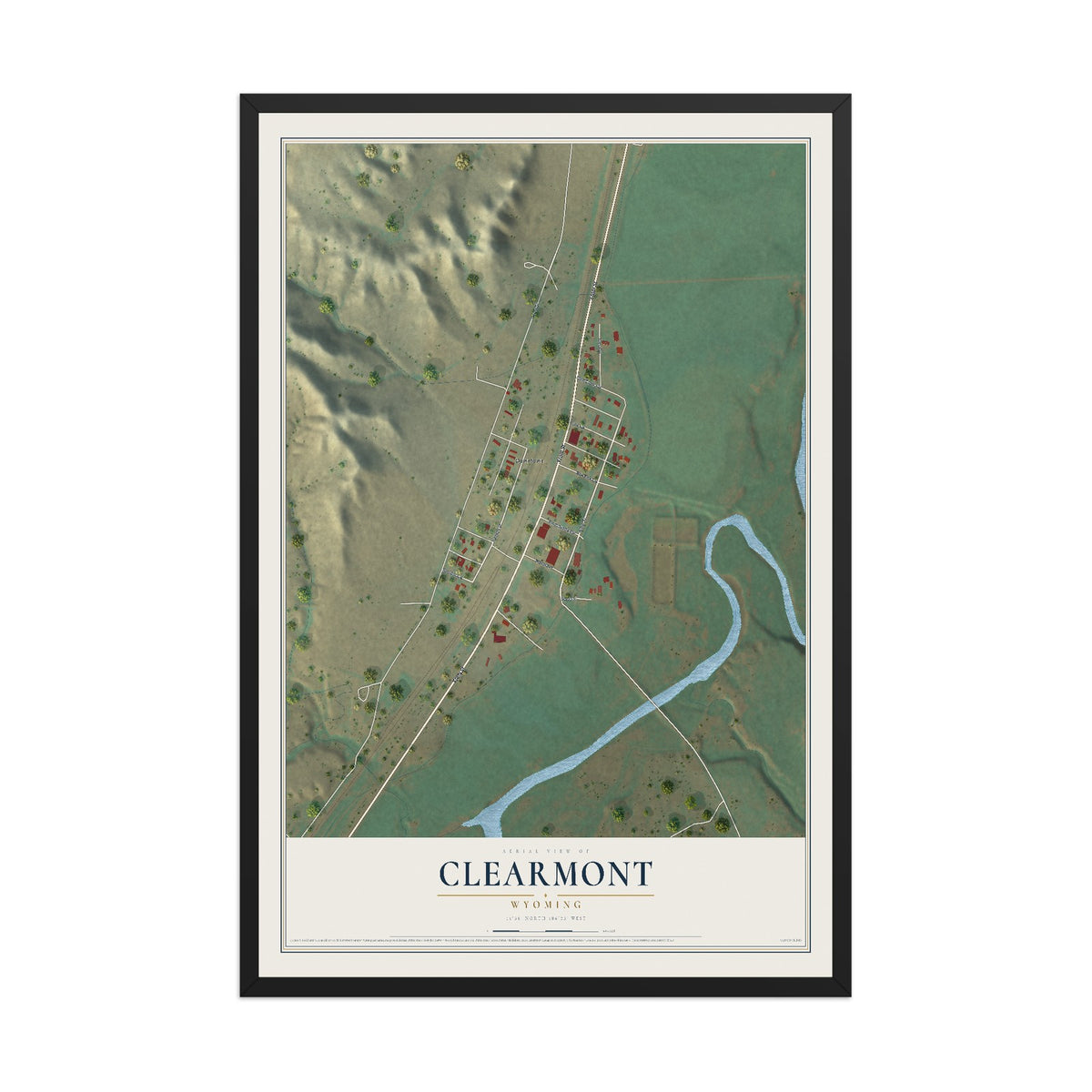 Map of Clearmont, Wyoming, 12 x 18 inch print in a black wood frame